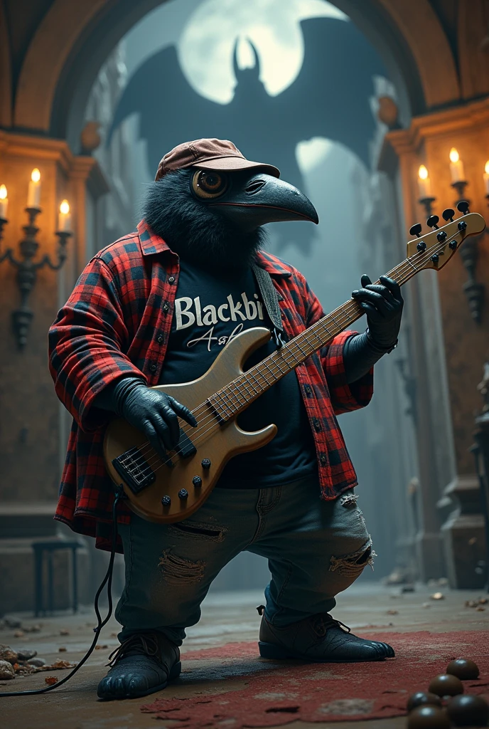 Fat crow,with glasses , visor cap,dress with ripped jeans and a plaid shirt,black t-shirt that says "Blackbird Ashes". playing bass. In a castle where Dracula's shadow can be seen battling a vampire hunter