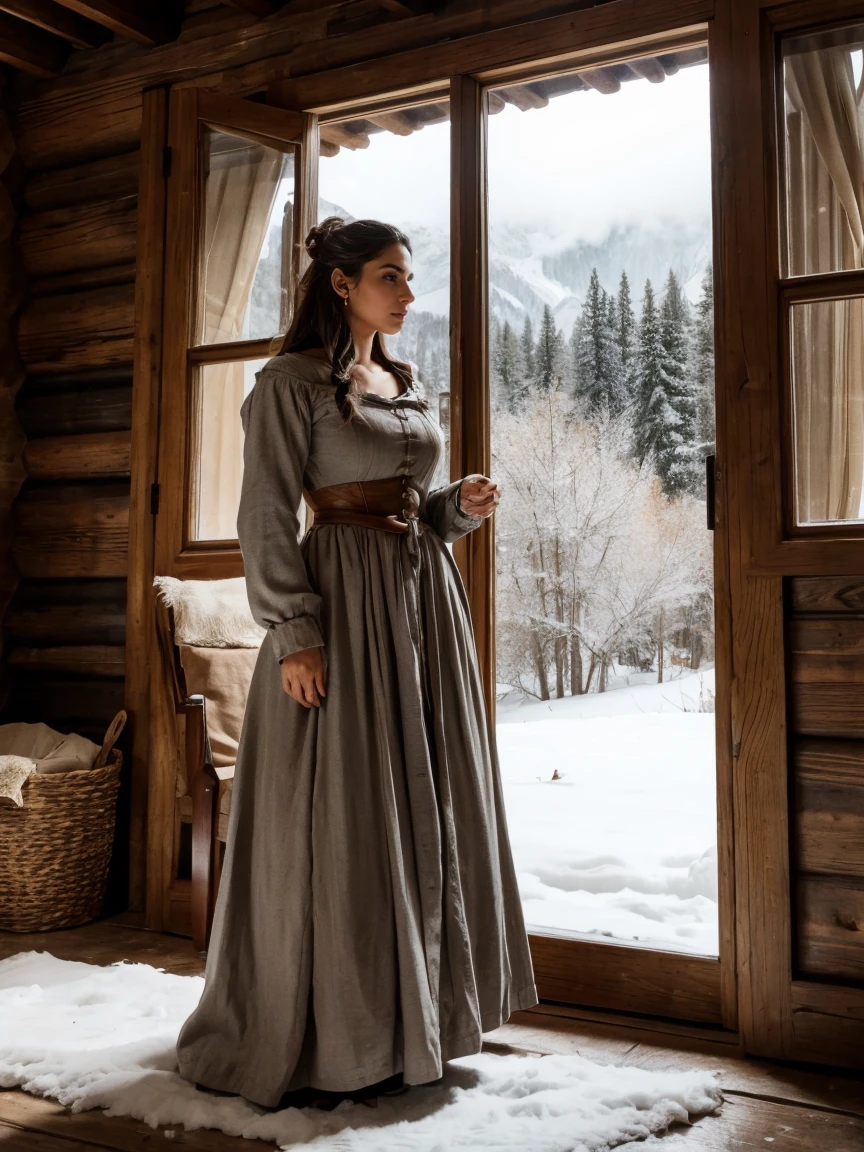 Gorgeous, busty and thin Latina peasant girl inside of her rustic cabin on the frontier, rough-spun grey and brown medieval dress, long sleeves, wide neck, long dress, tight bodice, corset, Old West, inside of a cottage, Mountains in the background, winter, snowing, trees, countryside, hispanic complexion, late 1800s western aesthetic, A window in the background shows a snowstorm outside,