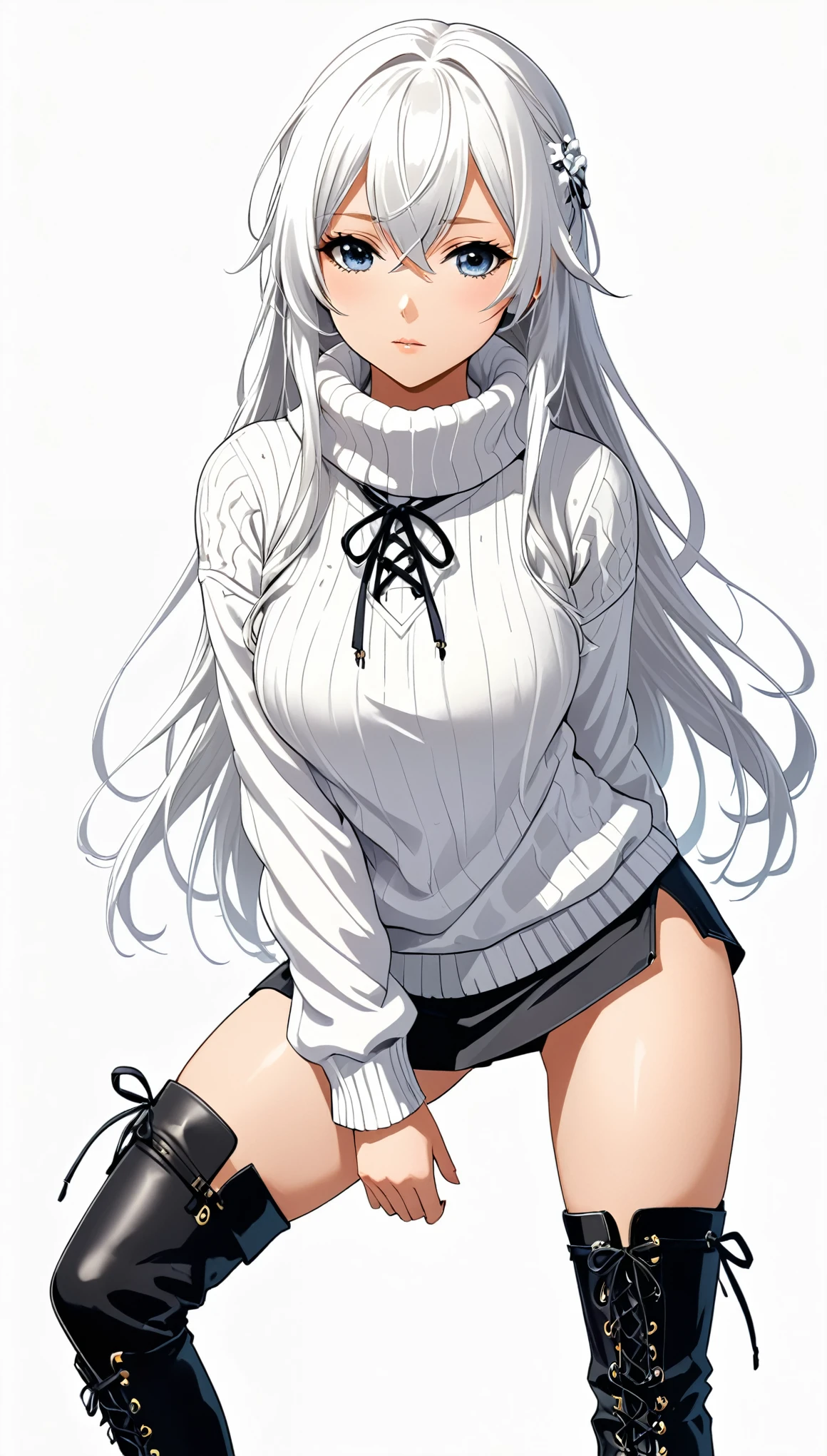 in style of Chris Falkenberg
(1girl,character conceptual design),/lace-up over knee boots/
BREAK
pure white background,white virgin killer sweater only,{gravure_pose:1.8},standing,bent_over,leaning_forward