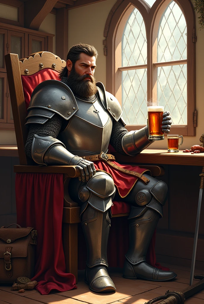 A handsome, muscular knight is drinking alcohol and relaxing in the afternoon.