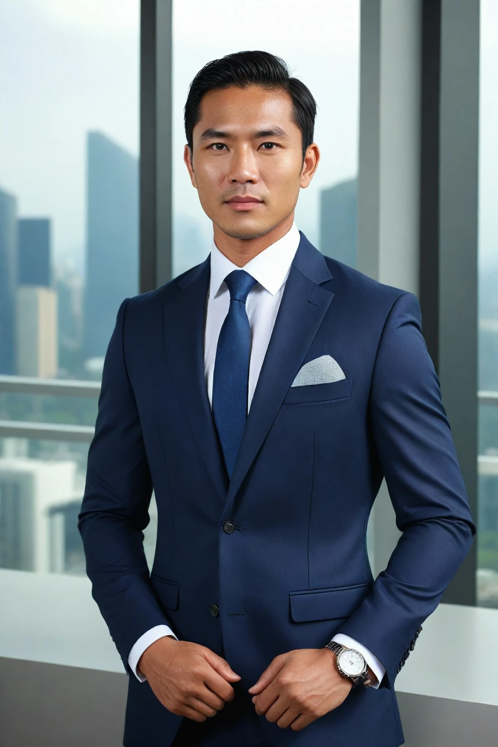 (perfect eyes), (detailed skin), (half-body portrait), Hyper-realistic Indonesian man, mid-30s, strikingly handsome, chiseled Asian features, perfect body proportions, daylight office setting, large windows with city view, elegant tailored business suit, luxurious watch, bright natural light, confident and authoritative pose, detailxl