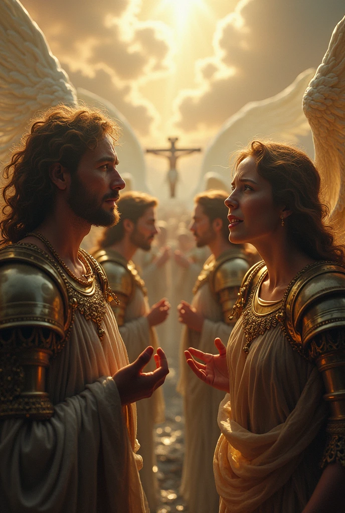Create an image of many angels in the sky looking down at Jesus being crucified on earth. These angels must be weeping, showing sadness and lamenting greatly. The image created should be shown as if the photo was taken from above the angels, to show the vision of the angels above and Jesus down below. Image should be realistic and cinematic. The angels should be dressed in beautiful armor, brilliant and in the style of warriors