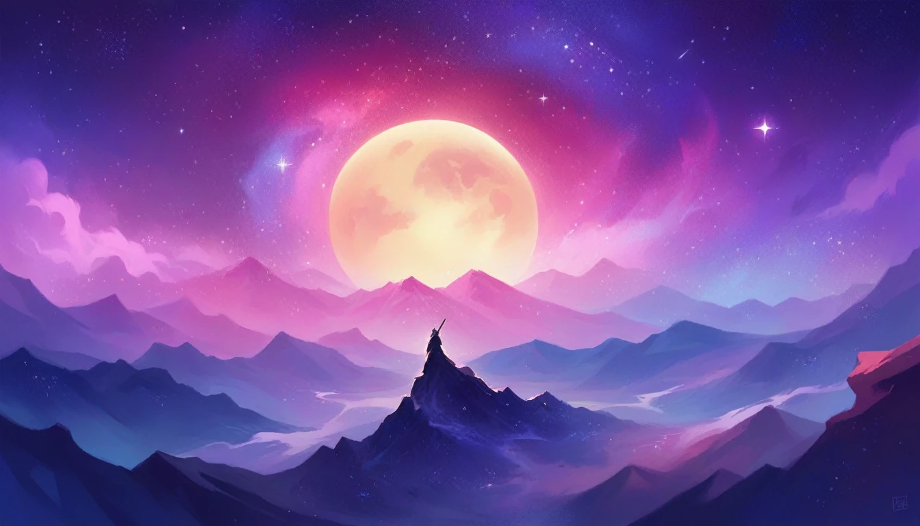 A man in a fluffy robe stands holding a sword on a mountain., Immortal Sect, galaxy, background, Beautiful, minimalist background, ((background:1.8))