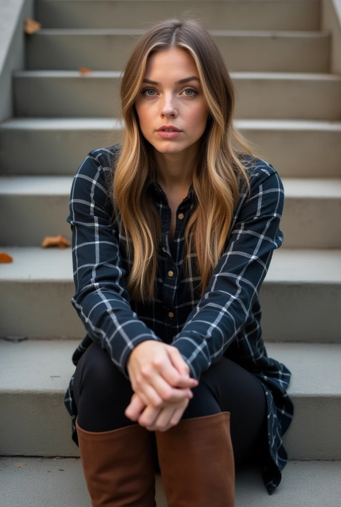 A full body picture of Sydney Sweeney, she has straight hair that come out from the side parting on one side only with slight makeup, she looks straight at the camera with brown eyes, taken as an Instagram picture, she wears dark leggings with long brown boots with a dark checkered shirt sitting on stairs outdoor