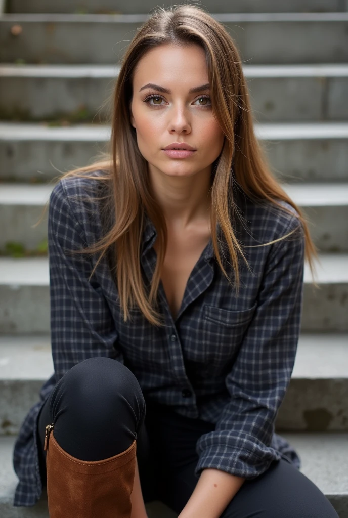 A full body picture of Sydney Sweeney, she has straight hair that come out from the side parting on one side only with slight makeup, she looks straight at the camera with brown eyes, taken as an Instagram picture, she wears dark leggings with long brown boots with a dark checkered shirt sitting on stairs outdoor