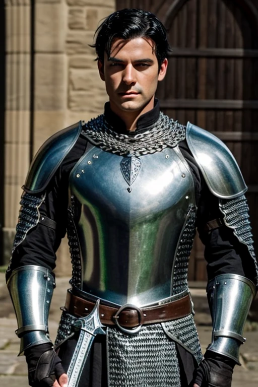 Create a man with black hair, wearing medieval armor with chainmail underneath and a silver sword sheathed on his back, the white race, Short black hair, green eyes