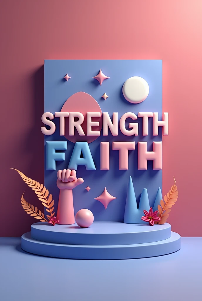 Create a 3D logo for a motivational TikTok channel named 'STRENGTH__FAITH'. The design should be minimalistic, featuring a bold and modern font. Incorporate symbols of strength, such as a dumbbell or flexed arm, alongside a subtle representation of faith, like a small cross or light beam. Use a color scheme that blends strong, vibrant tones with softer, calming hues