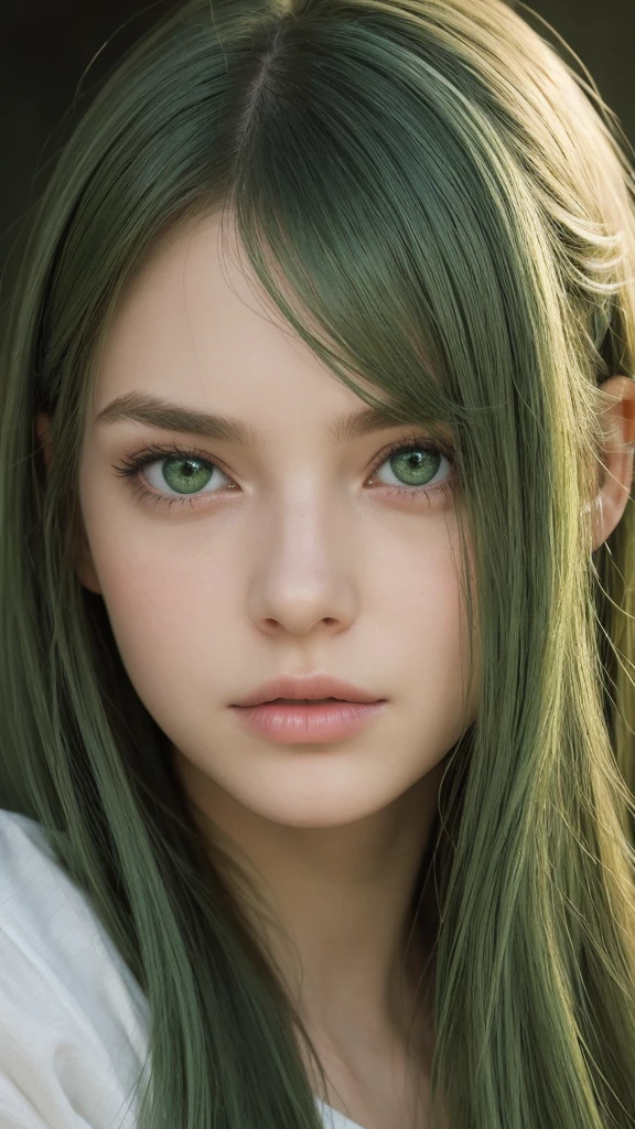 a girl. european. extremely detailed face. oval face. delicate features. long face. gentle features. dreamy eyes. green eyes. long straight and very thick hair. green hair. sad expression
