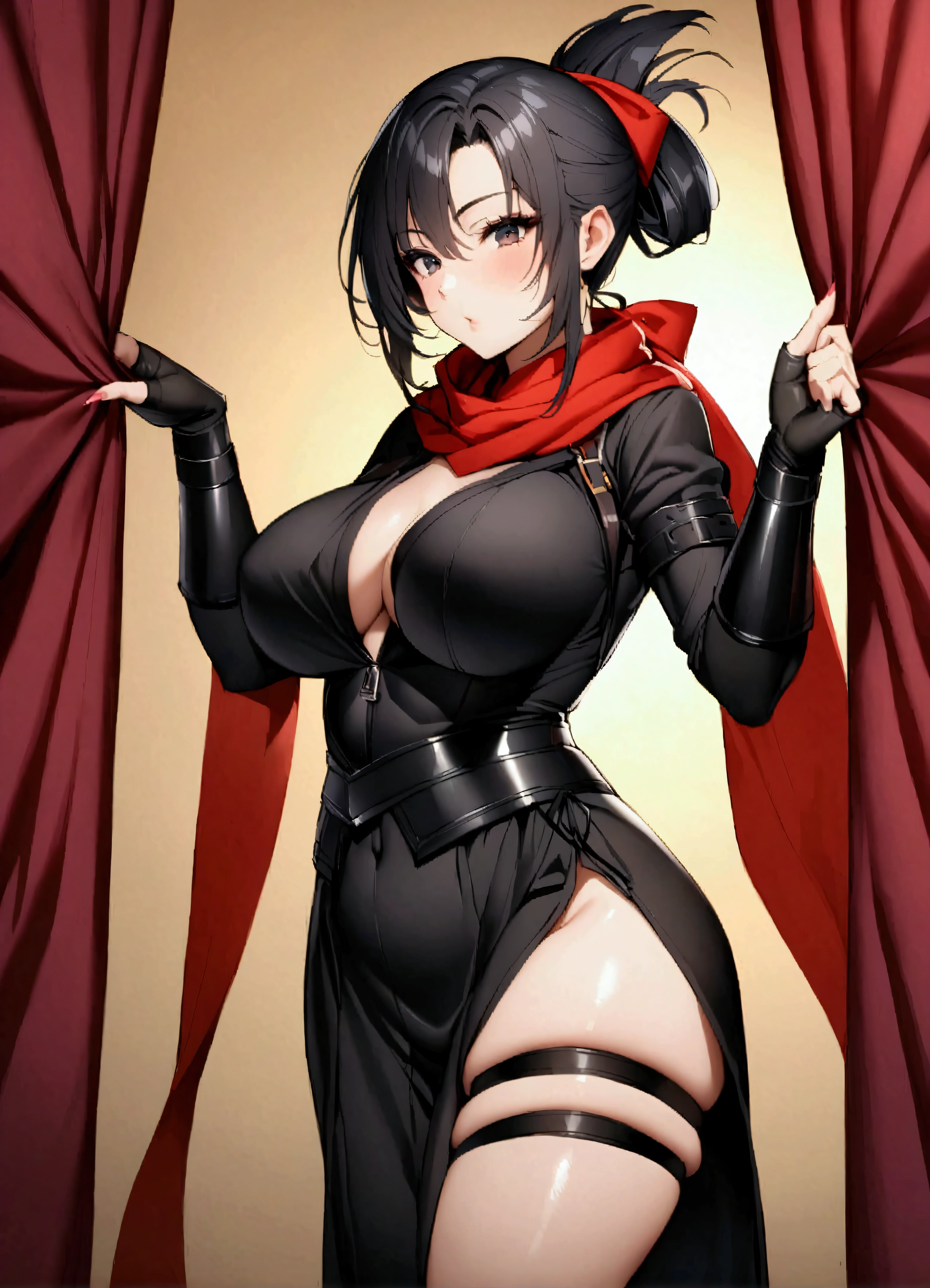 
solo、１people、midnight、、Sexy kunoichi、Atrial surgery、Alluring、Demon、Gorgeous busty mature woman、Black Hair、Folded ponytail、Black Ninja Uniform、Lock the curtains、Black Mask、Red scarf、Applying a bandage、Hand guard、Instep、Rinpyo Tousha Kai Jinretsu Zenkou