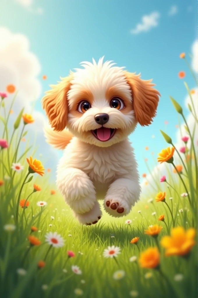 Maltipoo playing in the grass