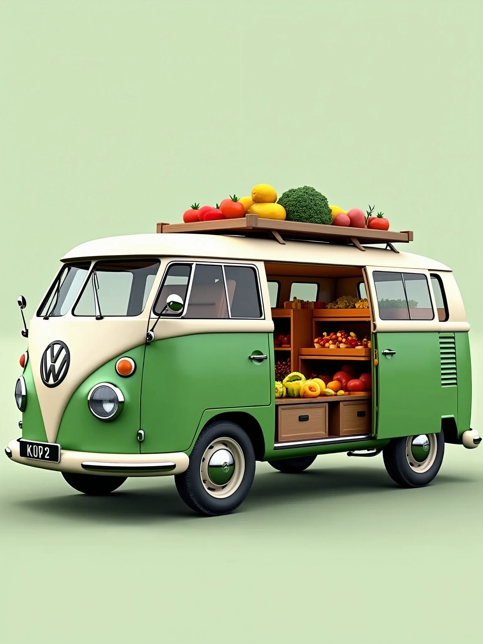 a classic Volkswagen Type 2 van, VW Bus. The van should have its side and rear doors open, displaying a variety of fresh fruit and vegetables. The vehicle should be painted the lower half green and the upper half white. High quality, good definition image, on a flat background