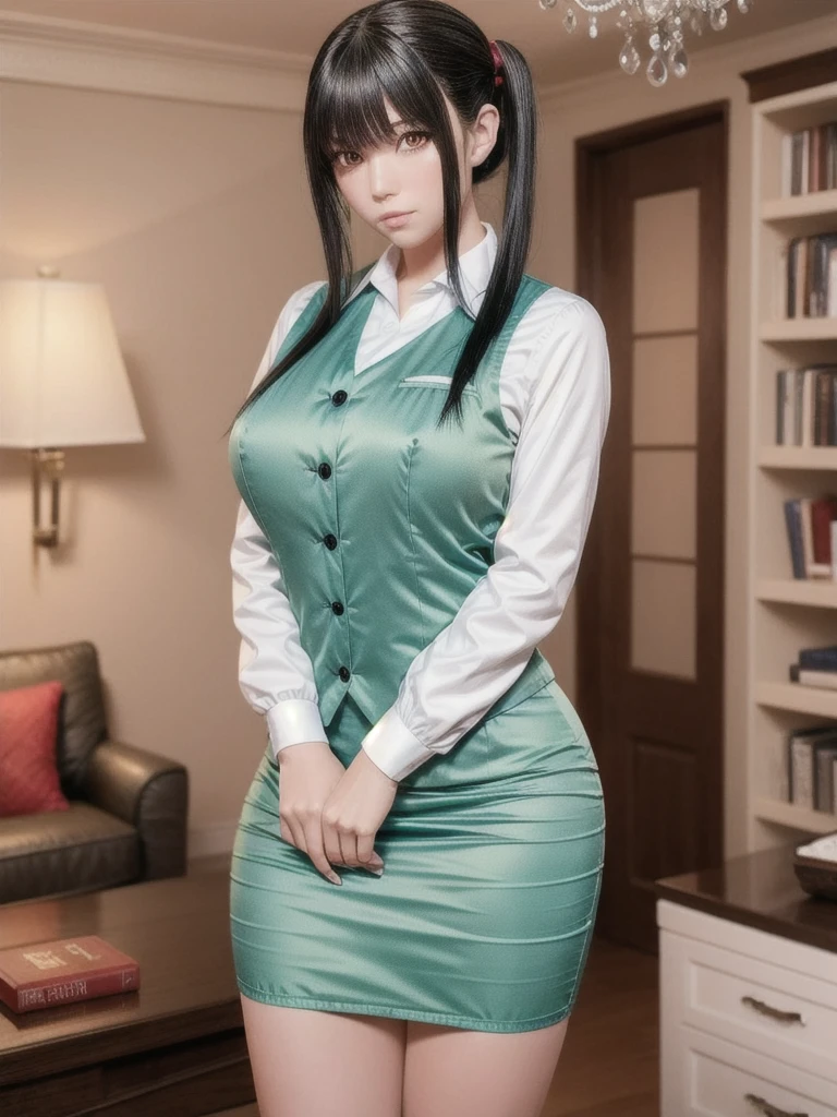 Yoru_Briar, One person, White hair band, ((Twin tails, Side Lock)), Black Hair, ((Red eyes)), Green vest, White shirt, Long sleeve, Green pencil skirt, Thighs, Upper Body, ((Leaning forward)), Are standing, (Cowboy Shot,Realistic, photoRealistic), (masterpiece, 最high quality, high quality), (colorful),(Delicate eyes and face), Volumetric Light, Ray Tracing, Highly detailed CG Unity 8k wallpaper, indoor, living room, sofa, Decorations, chandelier, Mountain of books,