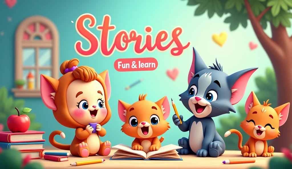 Make a cover photo for a youtube channel for kids between 4- containing Kuromi, Cinnamon roll, Elsa(frozen) and tom and jerry characters and so on. It is an educational youtube channel and includes activities like story telling. Please change the size to cover photo for youtube channel and add words like Stories, Fun and Learn. Add cute symbols like students tools