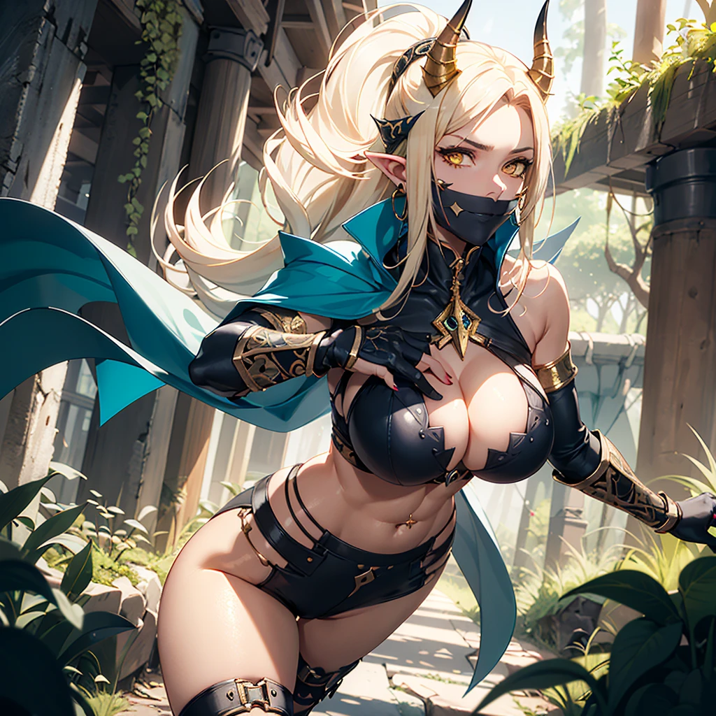 ((best quality)), ((masterpiece)), (detailed), 1 women pornstar dark barbarian class, 8k_wallpaper, extremely detailed eyes, (large masterpiece digital art), (intricate details:1.3 ), (ultra-detailed:1.3), (sharp focus:1.3), (natural lighting:1.05), (vivid colors:1.3), (best quality:1.4), high quality, expressive eyes, full body, detailed face, beautiful face, perfect face, ((hair sandy white curls)), ((gold horns)), (gold eyes), {{dark skin}}, ({dark skinned female}), big breasts, huge chest, powerful relief muscles of the abdomen and legs, powerful strong muscles of the arms, belly piercing with blue emeralds, cruel predatory and cold-blooded arrogant look and smile, an open blue coat with rolled up sleeves, a translucent yellow crop top very clear outlines of huge pointed nipples with large piercings under the fabric, steel combat pauldrons, steel bracers and leather gloves, leather shorts, walks along the path against the backdrop of a ruined elf village and flowering vines and wild forests, style dark fantasy and adventure fantasy world,