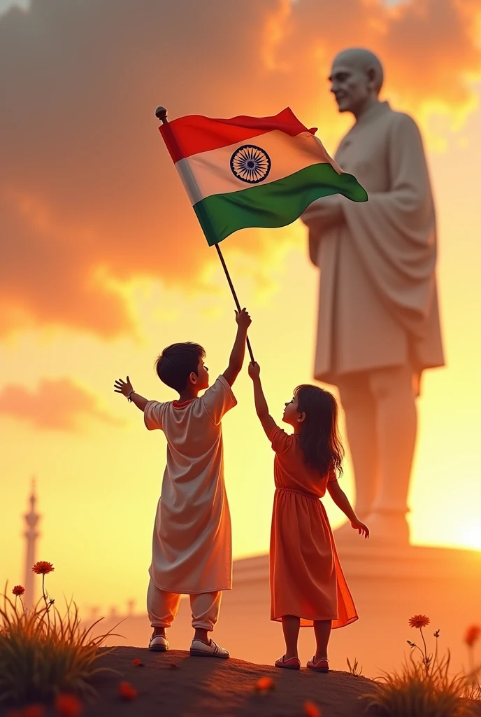 A small boy and girl, dressed in traditional Indian attire, proudly waving the Indian flag near the majestic Statue of Unity, with the statue's grandeur and Sardar Patel's dignified pose in the background, set against a vibrant sunset sky.
