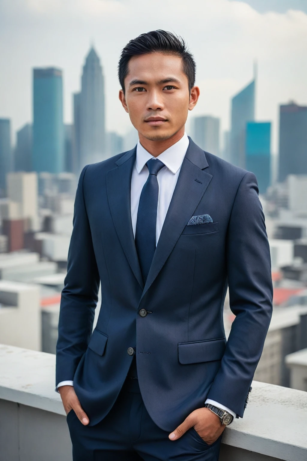 (perfect eyes), (detailed skin), (half-body portrait), Hyper-realistic Indonesian man, late 20s, enchanting Asian features, balanced proportions, daytime city rooftop, panoramic view, clear sky, tailored business suit, understated elegance, luxury watch, vibrant cityscape, relaxed yet confident pose, detailxl