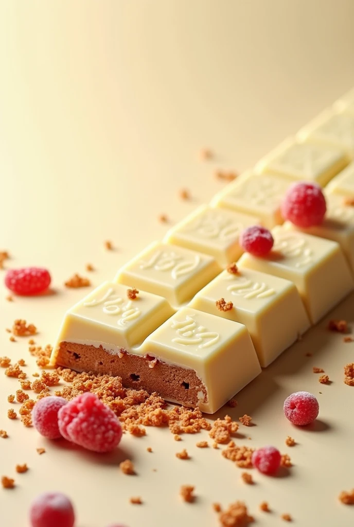 create a horizontal packaging art for white chocolate with pieces of brown and red crispies. The product would be called "Hersheys Ovomaltine Red Fruits"