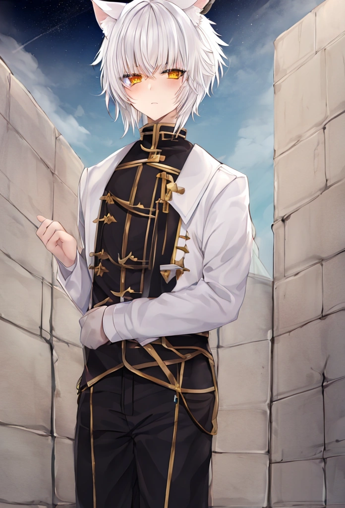 1shota , white hair, heterochromia, short hair , ahoge , bangs, cat ears