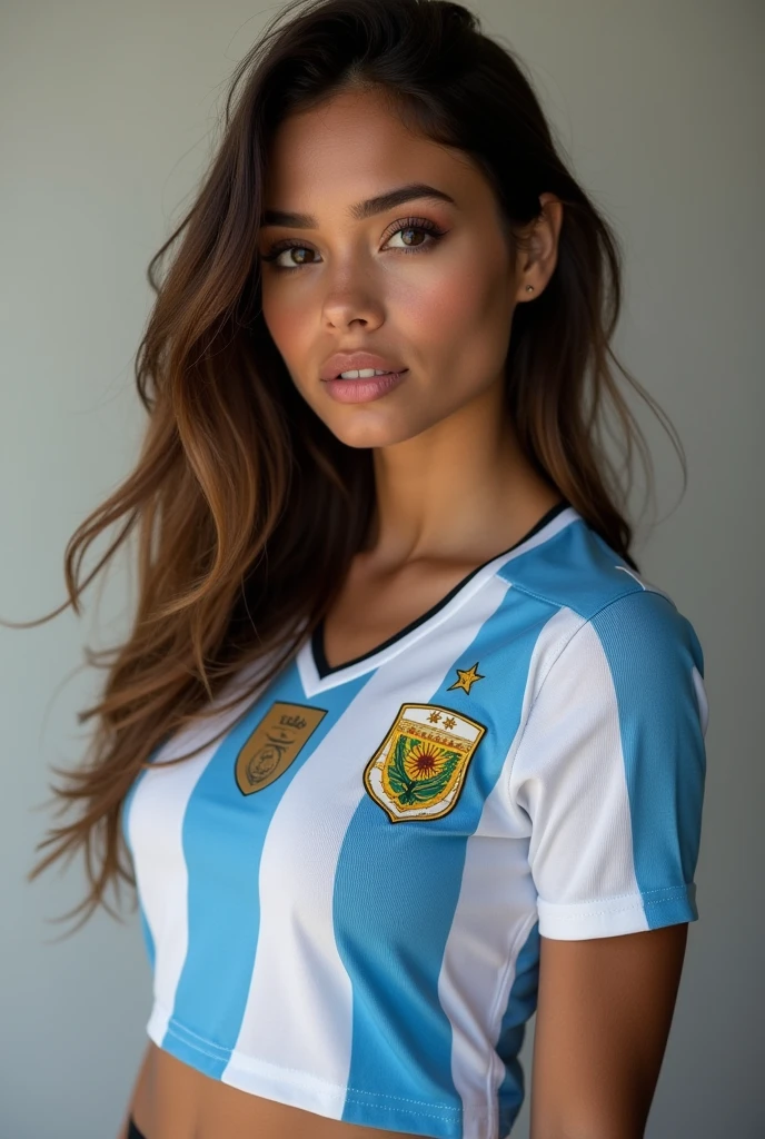 sexy latin girl, 20 years old, fair skin, athletic body, firm second size breasts, wearing Argentina soccer team jersey, fit body, large breasts