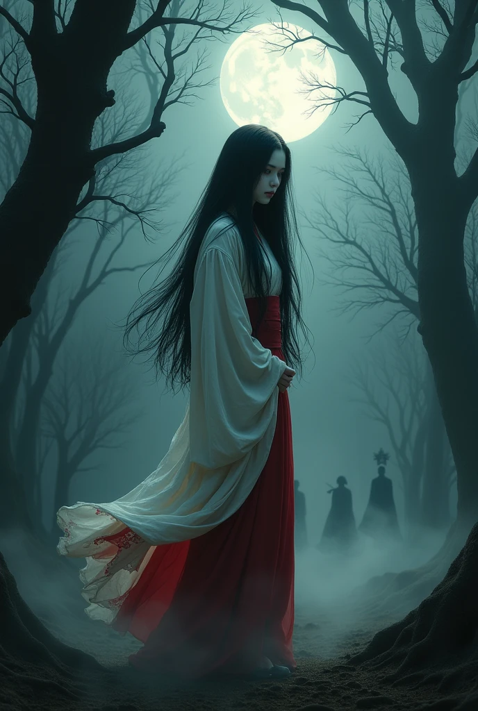 A hauntingly beautiful Japanese woman with long, flowing black hair, wearing a traditional white kimono with red accents. Her skin is pale, almost ghostly, with an ethereal glow. She stands in a misty, dark forest under the light of a full moon, her eyes reflecting a deep sorrow and hidden menace. The atmosphere is eerie and unsettling, with twisted, ancient trees surrounding her and faint, ghostly figures in the background. The style is reminiscent of classic Japanese horror, blending elegance with a chilling sense of the supernatural."