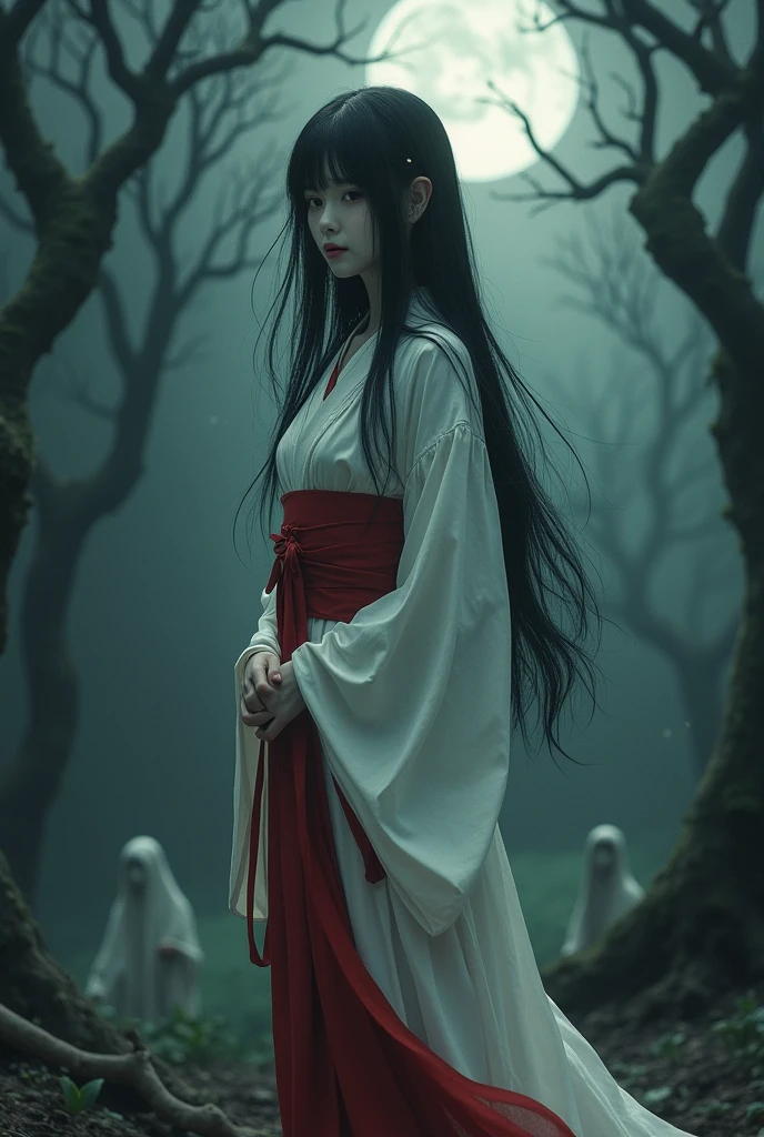 A hauntingly beautiful Japanese woman with long, flowing black hair, wearing a traditional white kimono with red accents. Her skin is pale, almost ghostly, with an ethereal glow. She stands in a misty, dark forest under the light of a full moon, her eyes reflecting a deep sorrow and hidden menace. The atmosphere is eerie and unsettling, with twisted, ancient trees surrounding her and faint, ghostly figures in the background. The style is reminiscent of classic Japanese horror, blending elegance with a chilling sense of the supernatural."