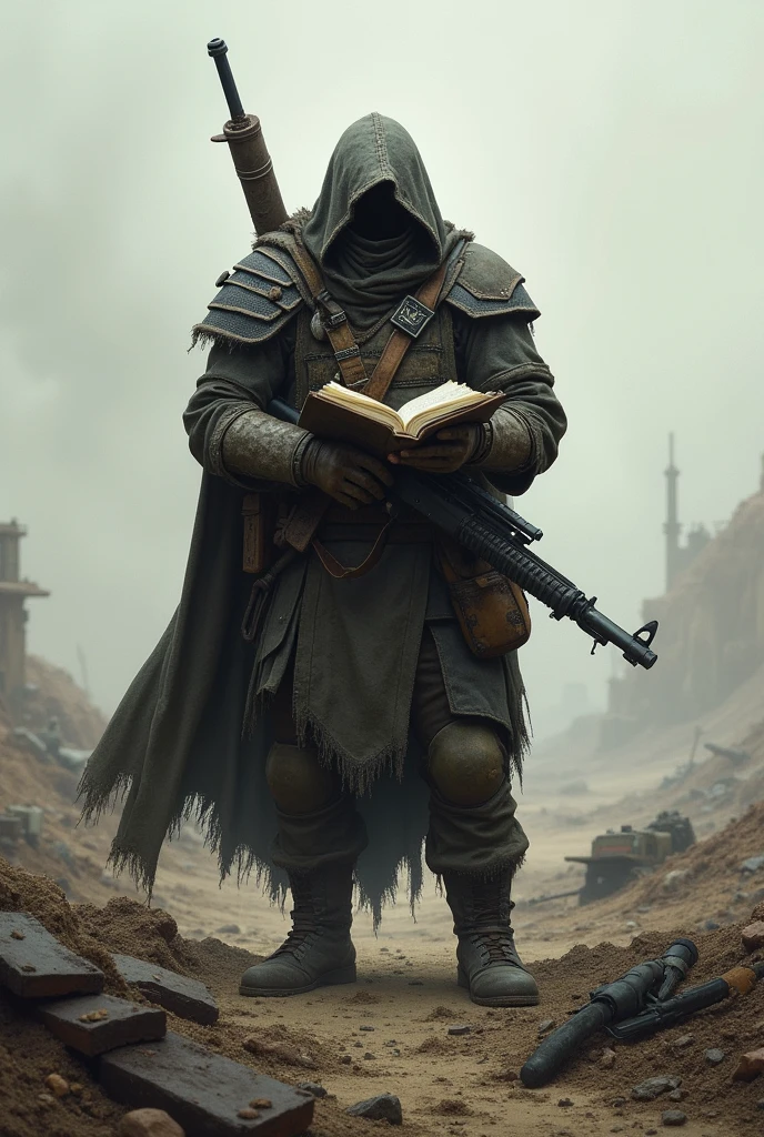 A warrior with gun and reading the book in war field