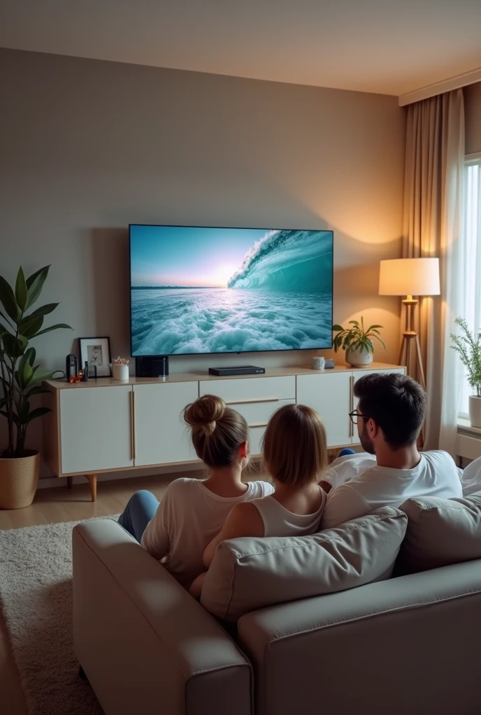 A married couple sitting on the couch watching TV and enjoying LG products, all in the same place, saving space..