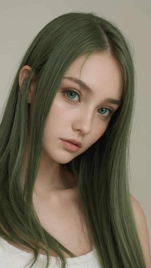 a girl. european. extremely detailed face. oval face. delicate features. long face. gentle features. dreamy eyes. green eyes. long straight and very thick hair. green hair. sad expression