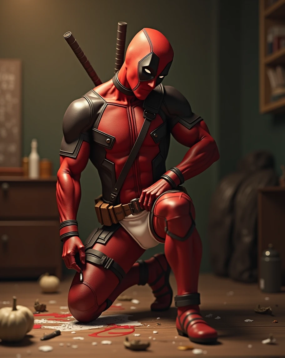 Deadpool in white underwear marking his legs