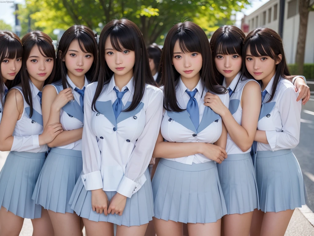 ((Highest quality, Ultra-high resolution, Realistic, RAW Photos, 8k, Real photograph:1.6)), ((日本人high school girl, 16yo)) , Beautiful detailed, Beautiful Face, cute, (((smile))), Japanese beautiful skin, Black Hair, Semi-long hair, (((Summer Girls' School Uniform))), White shirt, Blue check mini skirt, (((Big Breasts: 1.5))), Super Real, Soft Light, (((high school girl, Very detailed, 6+girls: 1.99))), (((high school girl, Very detailed, perfect identical faces, Perfect identical height, 完璧な同じBig Breasts: 1.99))), ((100人のhigh school girl: 1.6)), (((high school girlのみ))), ((100人high school girlに囲まれる)), Full body photo, Wide-angle field of view, congestion, Intensive, (((high and wide view))), city park, 10,000 people, 数百万人のhigh school girlが集まる