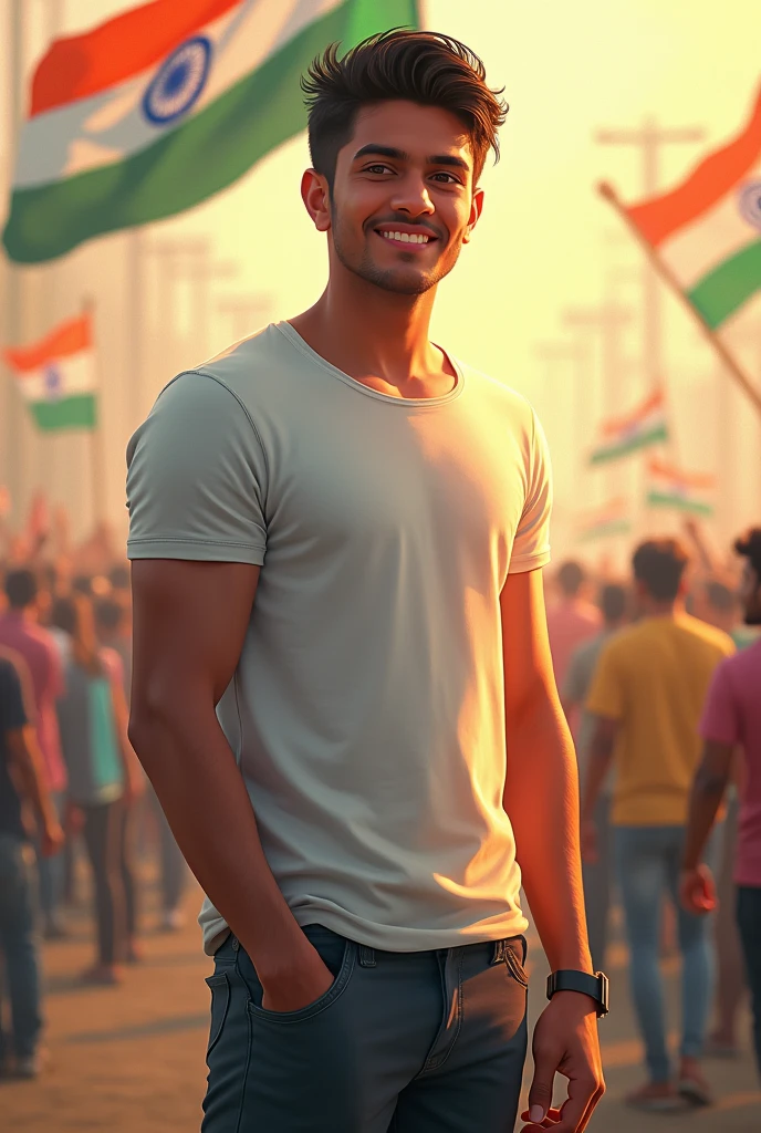 In Independence day create a 20 years age boy beautiful image for 15 August 2024 . With name Gulzar. In a t shirt and long pant
