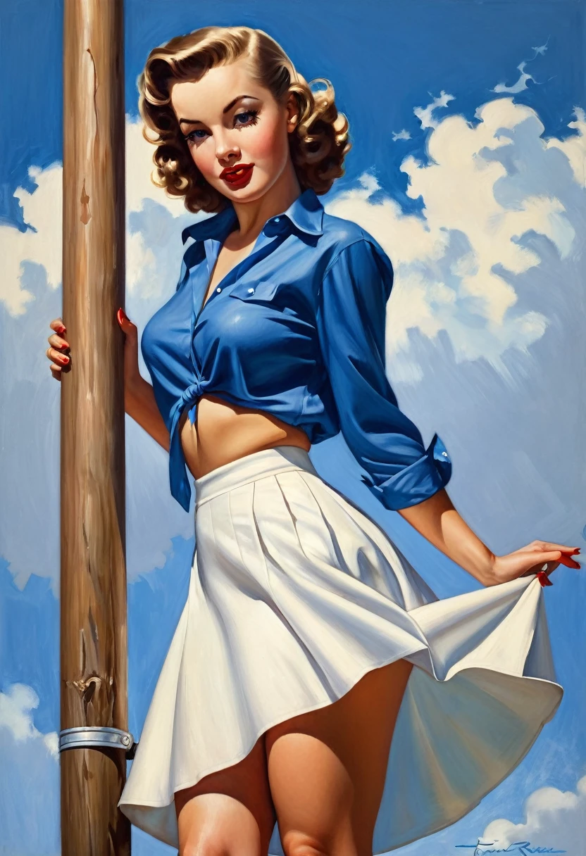 painting of a woman in a blue shirt and white skirt leaning on a pole, inspired by Art Frahm, enoch bolles, by Tina Blondell, pinup art, pin - up, pin-up, pinup, pin up, inspired by Richard Rockwell, gil elvgren style, pin up girl, dancing on a pole, by Fred Cress