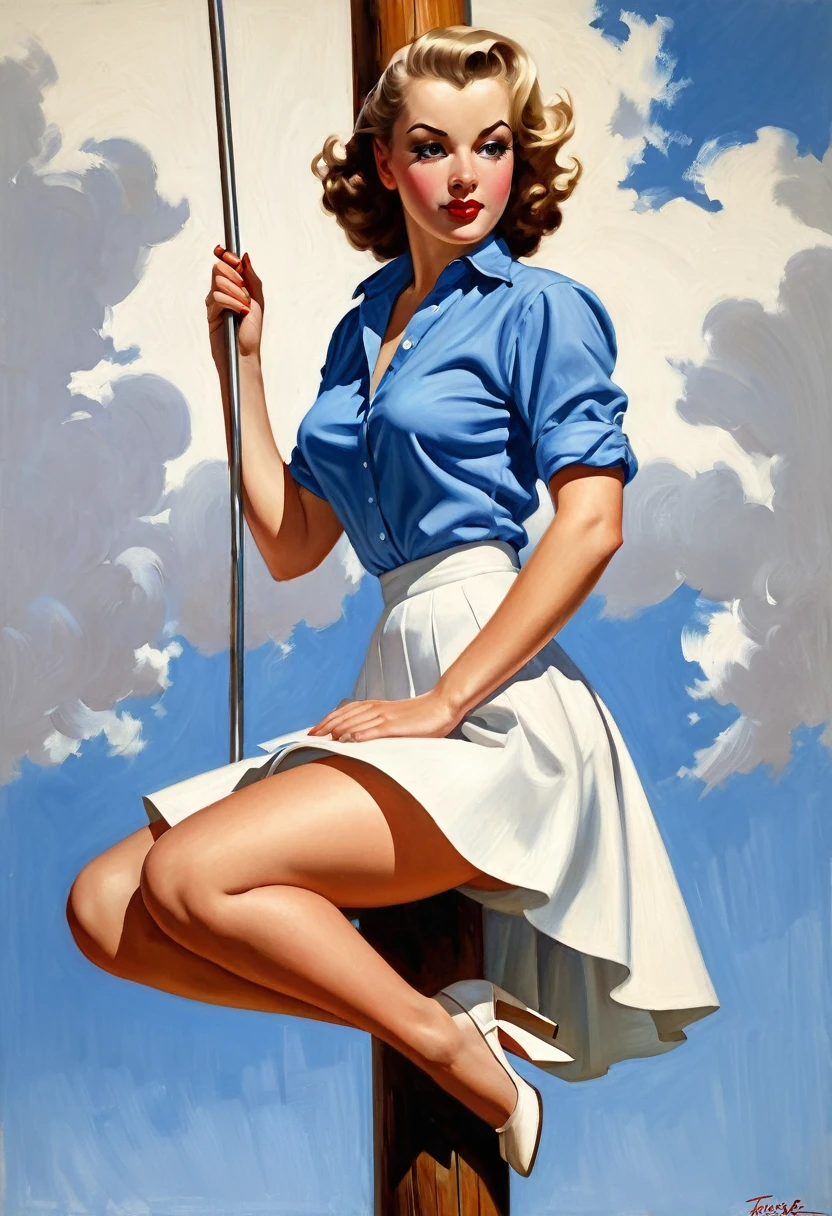 painting of a woman in a blue shirt and white skirt leaning on a pole, inspired by Art Frahm, enoch bolles, by Tina Blondell, pinup art, pin - up, pin-up, pinup, pin up, inspired by Richard Rockwell, gil elvgren style, pin up girl, dancing on a pole, by Fred Cress