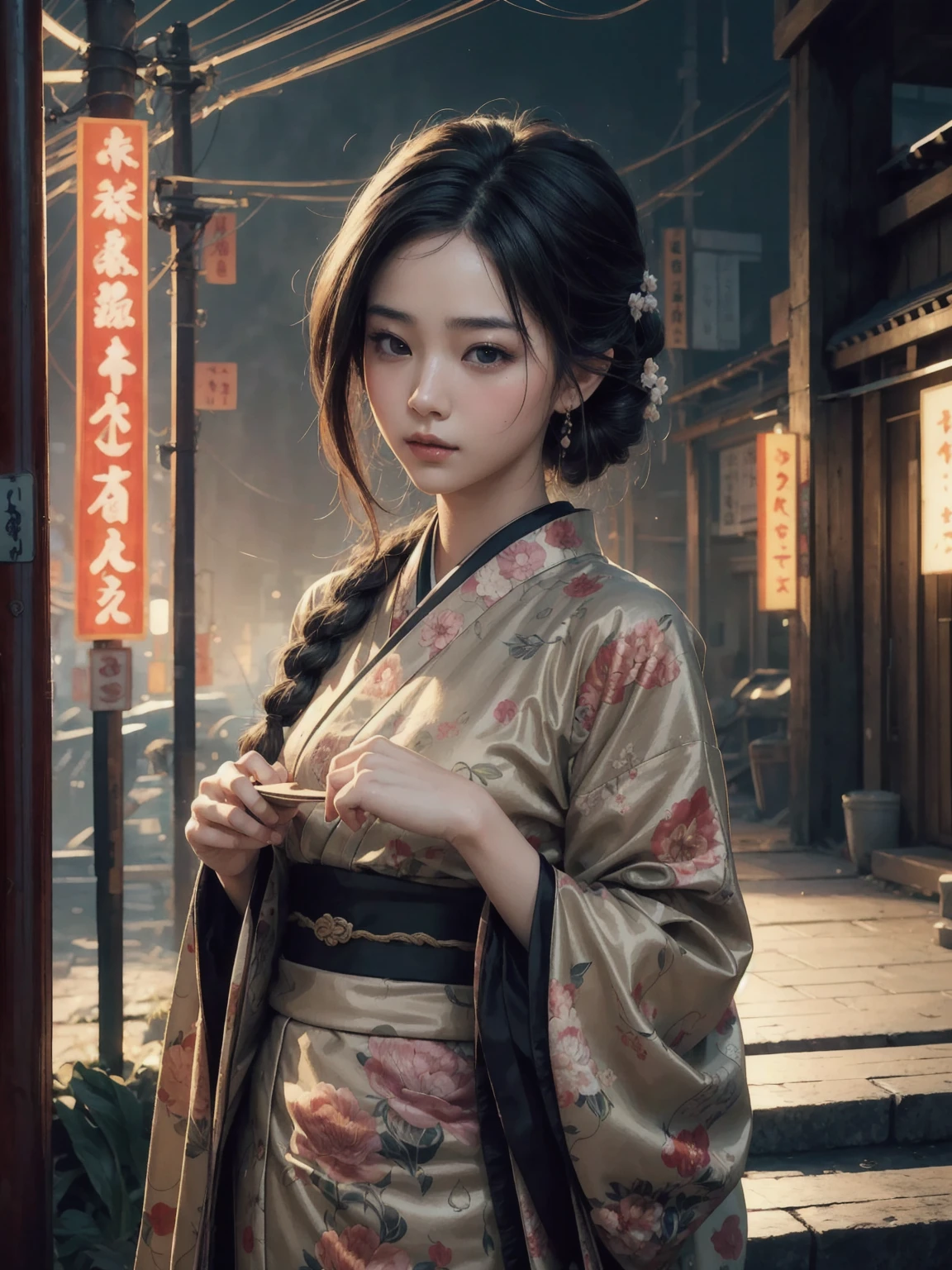 A beautiful young woman, delicious garlic ramen, detailed facial features, intricate hairstyle, exquisite kimono, serene expression, warm lighting, photorealistic, 8K, masterpiece, digital art, highly detailed, vibrant colors, cinematic composition, atmospheric, moody, dramatic lighting