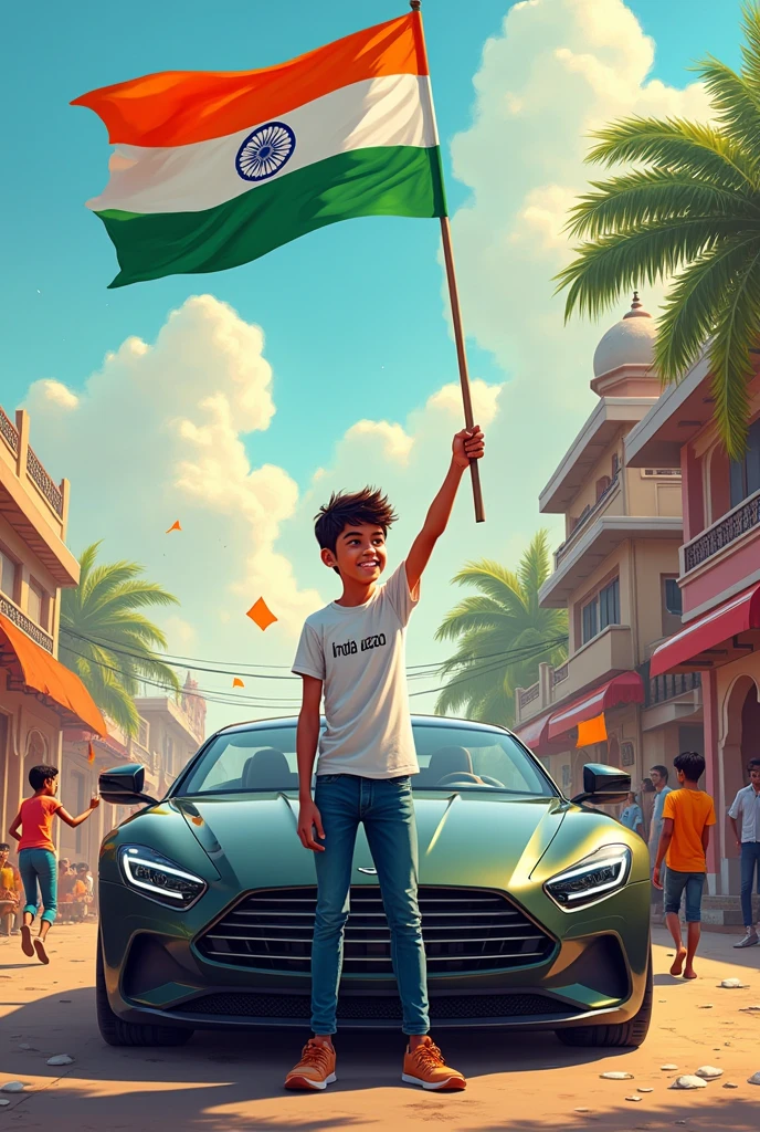 Illustration of an 15-year-old Indian boy standing next to a luxury car, holding the Indian flag high. The background features a colorful Indian street filled with children running with flags, vendors selling sweets, and a group of men chatting at a tea shop. The boy is wearing jeans and a white t-shirt with ‘sahil azad and shubham’three group friends on it, and the text ‘India First’ is written in 3D at the top.”