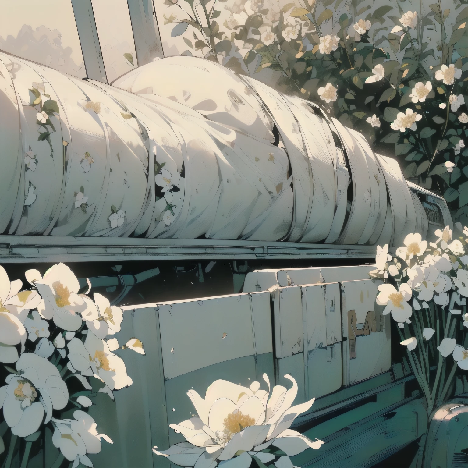 (((Masterpiece, top quality))), (((32K wallpaper))), ultra high resolution, (((close-up))), gorgeous light leak, (((backlit))), highly detailed background, top quality, (((no humans))), highly transparent river, (((extremely detailed rusty heavy truck with many white flowers)), (((( very dull color )))), (((( white flowers in the water))), (((White petals fly)))