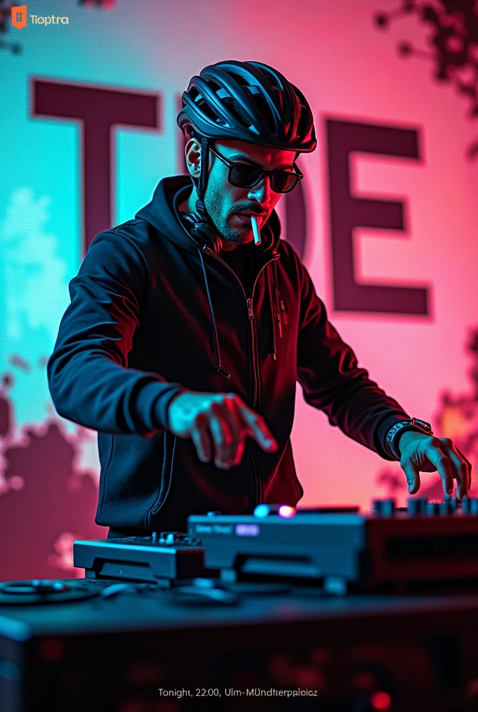 Create a picture with the heading TDE in the picture is a techno DJ with bike clothes, This should be readable, the DJ is a man wearing sunglasses and a bicycle helmet, The DJ should have a mustache., the image is taken slightly sideways in action, large TDE in the background, 
The DJ has a cigarette in his mouth, in small letters at the bottom it says Tonight, 22:00, Ulm-Mündterplatz, TDE is really getting you hot