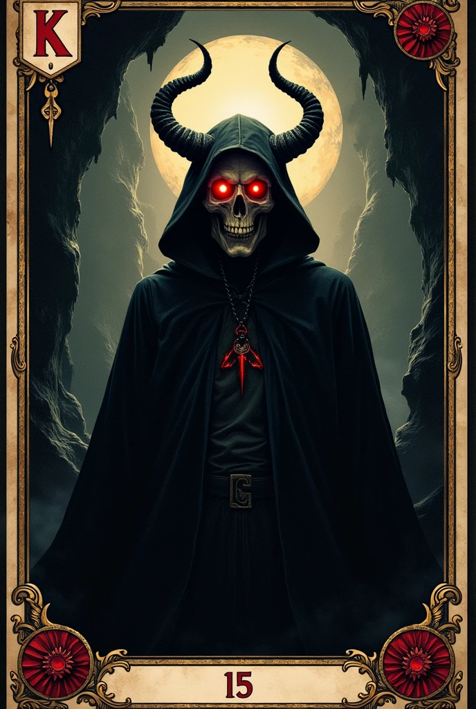 Tarot card design based on black and red colors on the sketch style with bones and black background with some space for a number, dark incubus card.