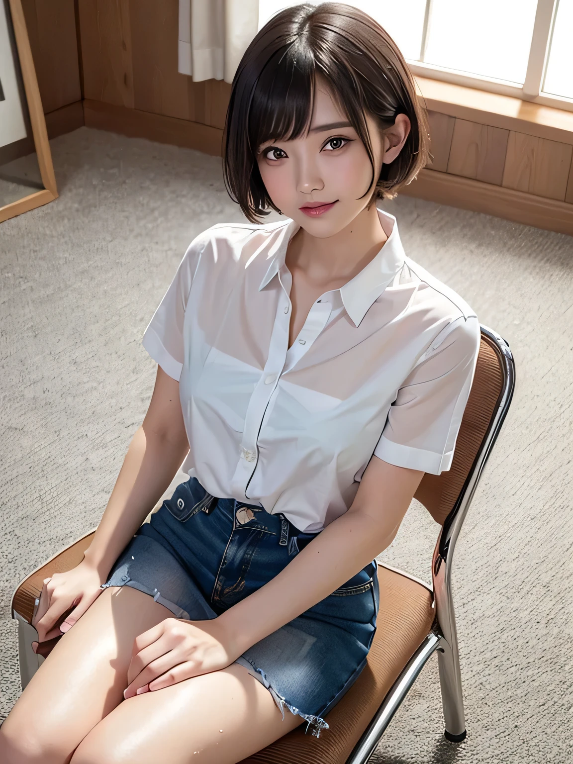 　(Highest quality、8k、32K、masterpiece、Hmph:1.2)、(masterpiece, Highest quality), Realistic photos, high school girl、very cute、、Short Bob Cut、sexy、Instagram, Bright colors, High Dynamic Contrast, Slender figure、thin、Small, shapely breasts、One person、Gray Hair、 Purple eyes, Lips parted, blush, compensate, 軽いsmile, A sheer, pink, short-sleeved shirt、sexy、Yellow exy、Sweat, Wet, light, Shine,  Tight waist, (masterpiece), Pink Wallpaper、Sitting in a chair、I can see your thighs、sexy、smile