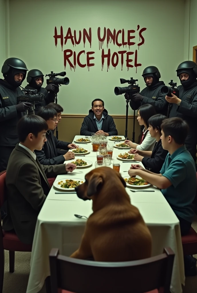 A graphity which shows some gunmen pointing their guns to the dining table, in front of them the cameramen are pointing the cameras to the dining table, and 7 University students are forced to eat at the dining table, a bitch dog is sitting on the chair at the front side of the table and he is sucking his pennis. On the wall written "Haun Uncle's Rice Hotel".
1. view perspective should be from the other end
2. make the dog bigger
3. the dog is licking his balls and has an evel smile on his face