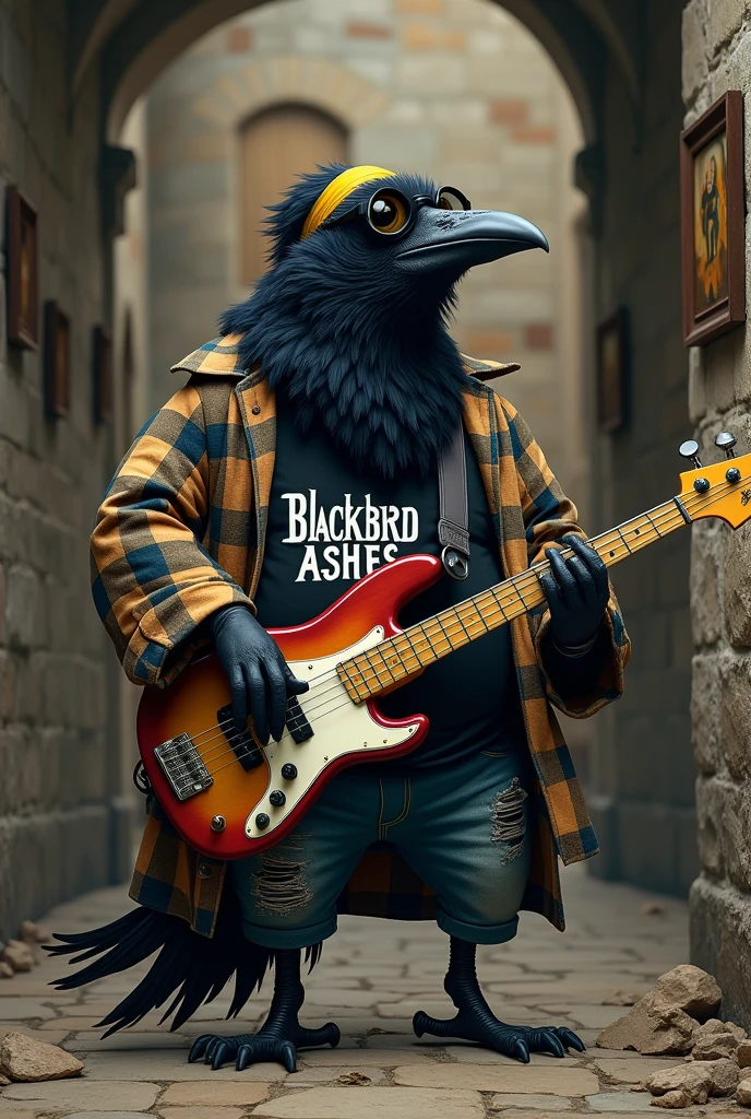 Fat crow,with glasses , visor cap,dress with ripped jeans and a plaid shirt,black t-shirt that says "Blackbird Ashes". playing bass. In a medieval castle and in a painting it says"hunter x"