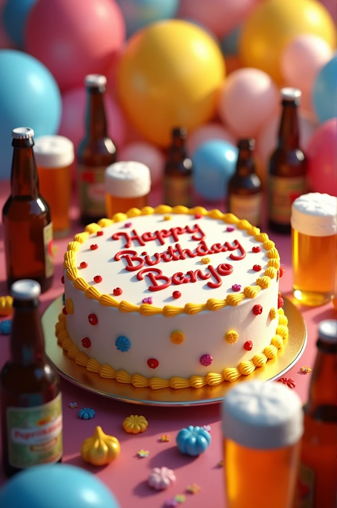 Create a cake with dedication of Happy Birthday Papa Banjo with beers and balloons 