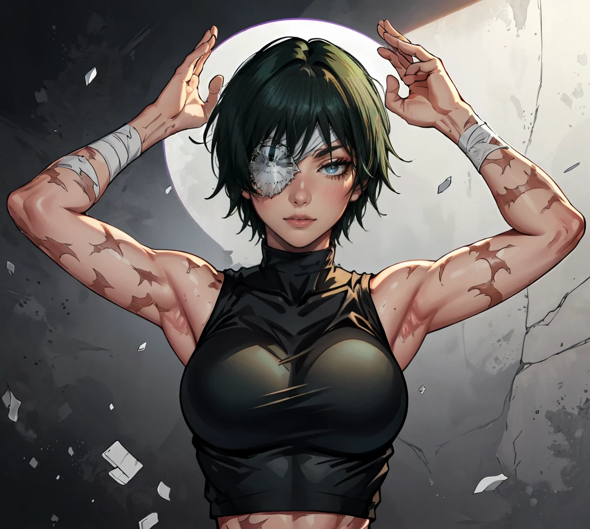 (masterpiece:1.2, best quality:1.2, beautiful, high quality, highres:1.1), 1girl, detailed, short hair, short fluffy hair, short green hair, extremely detailed 4K, perfect eyes, perfect face, visible bandaid, 1 eye, bandaid covering eye, other eye covered, eye covered with bandaid, circle arms, serious gaze, ready for battle, combat face, glasses, circle shaped glasses, yellow shiny eyes, yellow colored eyes, Bandaid on face, posing, hands, arms, scars on arms, scars on face, scars on cheek, bangs, really short hair, scars on body, Maki Zenin eyes, perfect eyes, scars on face, dangerous, eye patch, white bandage on eye, yellow colored eyes, exotica, scar on face, scar on cheeks, visible scars on cheeks, bandage on eye, scar on eye, Maki Zenin, scar on body, very short hair, circle glasses, dark scars on face, Maki Zenin LoRA, black shirt, scar on eye, scars, sleeveless, crop top, beautiful face, perfect lighting, (1girl, solo, adult female, mature female), thin, lithe body, Maki Zenin, green hair, glasses, (big breasts), ((sensual seductive)), ((hands up in the air showing armpits)), ((glasses on)), (((whole body on frame))), (((both hands up in the air showing armpits)))