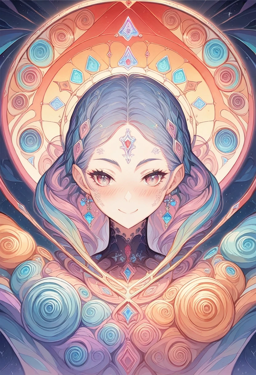 (masterpiece, Highest quality, Highest quality, Official Art, beautifully、aesthetic,(Face me:1.2),blush,Provocative,A kind smile:1.2), (One person), Very detailed,(Fractal Art:1.3),colorful,Most detailed