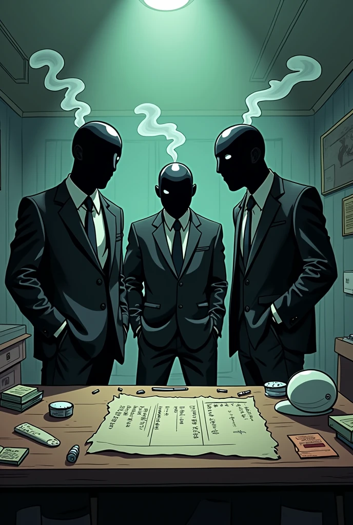 Create a cartoon image of 3 men with an anonymous mask , The joints are smoking and coke is lying on the table