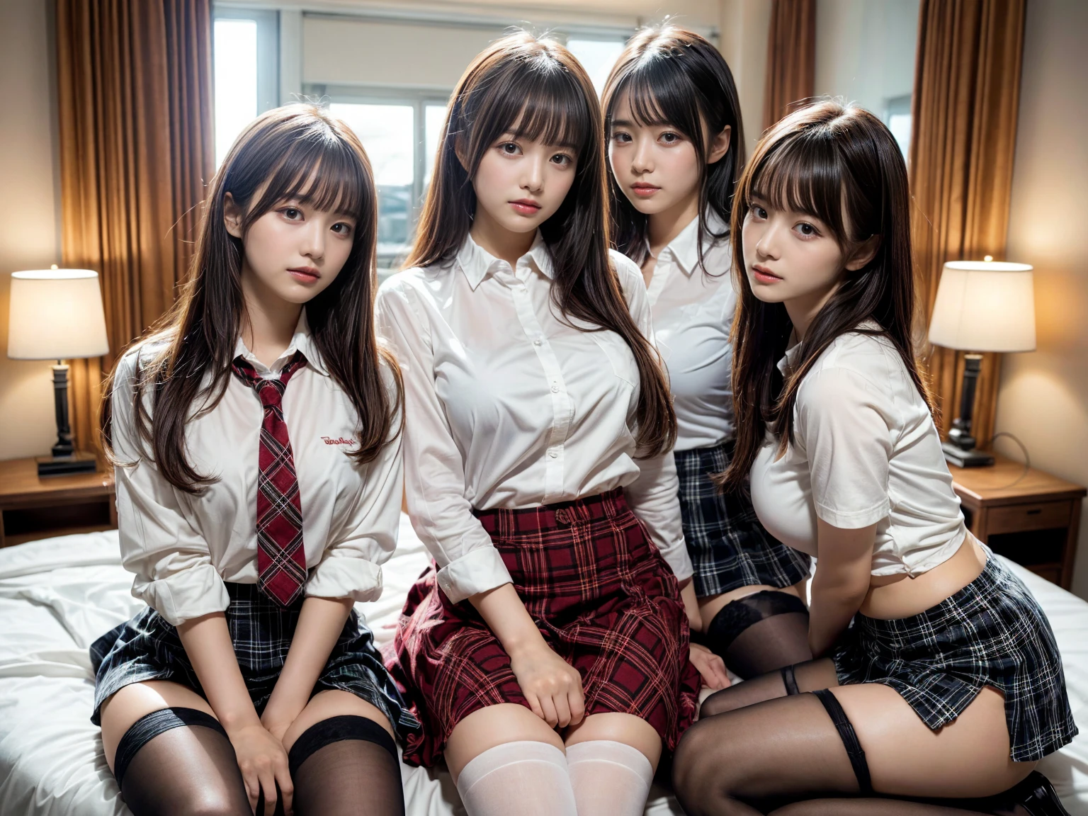 masterpiece, best quality, illustration, Super detailed, fine details, High resolution, 8K,wall paper, perfect dynamic composition,(Details High quality, realistic depiction of eyes:1.3), (3 girls), (white school shirt :1.2), (plaid skirt :1.3), tie black, black thigh-high stockings, sitting, open legs, short bob hair, in a hotel room in the background, deep on field, large breasts, black hair color, Big Natural Color Lip, (perfect body shape), crying a little、Harajuku style、20 year old girl、cute type、beautiful legs, Gravure Idol