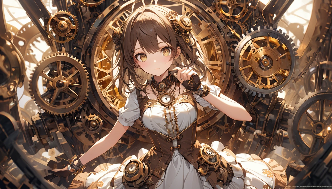 **255. One person。Clockwork Girl。A workshop in another world where gears turn。Cowboy shot or close-up。
masterpiece, best quality, ultra detailed (Detailed fingers), (Emotional), (Breathtakingly beautiful),
(main part: 1.2 Whole body。), (Anime Style), (Very detailed), (Clockwork Magic),
(超High resolution, High resolution), (8k), (High resolution: 1.2), (Complex and beautiful: 1.2)**
- background: A workshop in another world where gears turn、Antique machines and shiny gears lined up。
- Clockwork Girl: Young woman, around 18 years old、Wearing a dress decorated with watch parts、Wear the gear necklace。
-pose: Pick up the watch parts、Precise assembly。
-expression: With a concentrated expression、An attitude that conveys a deep understanding of machines。
- Effects: The gears shine and spin.、An effect that visualizes how time is manipulated。
-color: bronze and gold、Warm, antique colors that represent the world of clockwork。