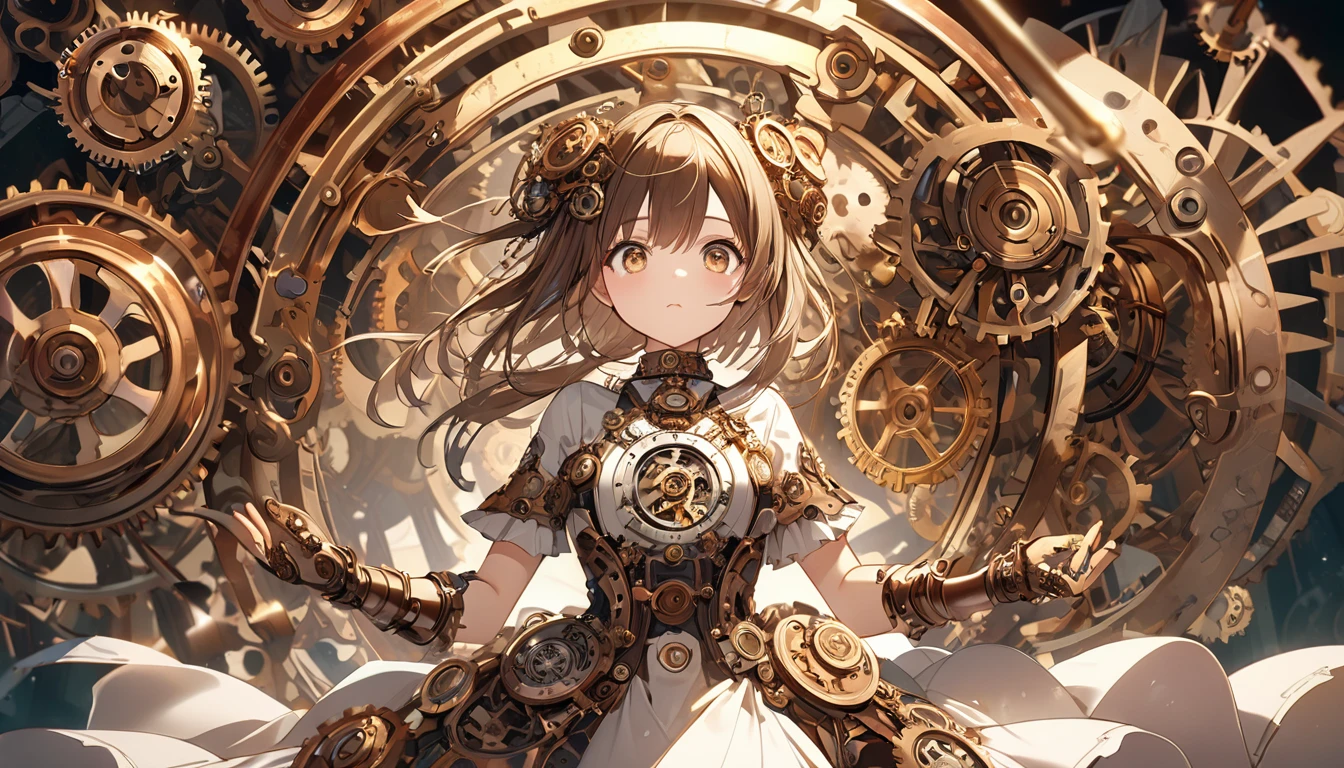 **255. One person。Clockwork Girl。A workshop in another world where gears turn。Cowboy shot or close-up。  
masterpiece, best quality, ultra detailed (Detailed fingers), (Emotional), (Breathtakingly beautiful),  
(main part: 1.2 Whole body。), (Anime Style), (Very detailed), (Clockwork Magic),  
(超High resolution, High resolution), (8k), (High resolution: 1.2), (Complex and beautiful: 1.2)**
- background: A workshop in another world where gears turn、Antique machines and shiny gears lined up。
- Clockwork Girl: Young woman, around 18 years old、Wearing a dress decorated with watch parts、Wear the gear necklace。
-pose: Pick up the watch parts、Precise assembly。
-expression: With a concentrated expression、An attitude that conveys a deep understanding of machines。
- Effects: The gears shine and spin.、An effect that visualizes how time is manipulated。
-color: bronze and gold、Warm, antique colors that represent the world of clockwork。
