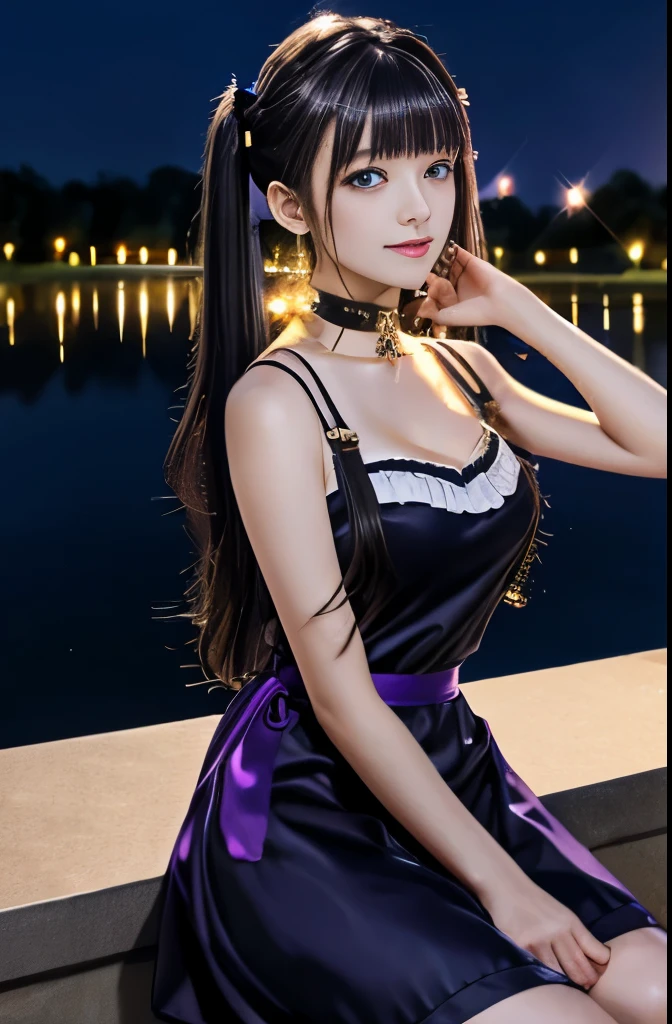 Delicate depiction, Located on the corner, looking at the sky, alone, Soft skin texture, choker, Hair between the eyes, star (symbol), Long Hair, Dark purple hair, Twin tails, blue eyes, Shining Eyes, jewelry, witch, maid, bangs, Purple black dress, Purple Skirt, White apron, landscape, night null, star (null), starnull, night, Outdoor, cloud, reflection, water, magic, Tarot, water magic, ((beautiful golden crystal stars)), null間, water droplets, splash