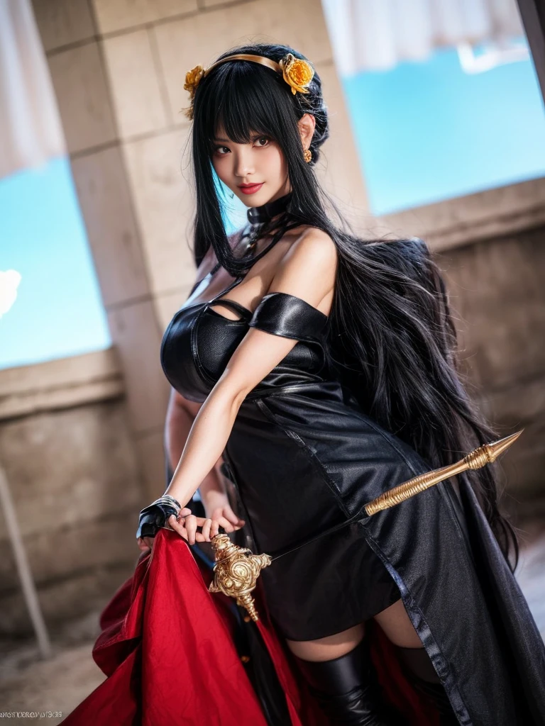 (Highest quality, 4K, masterpiece :1.3), Beautiful woman, Surreal, 1 person,),Ajolf, Side Lock,Short hair and long straight hair, Gold Hair Band, Gold earrings, Gold Hair Ornament, Big Breasts, Exposing shoulders, Black Dress, Double-sided dress with red rose cape, choker, Thigh-high boots, , Fingerless gloves, Thigh-high boots,Slender beauty, (Huge breasts, Attractive body :1.2), Abdominal exercises :1.1, Long black hair 1.1, Highly detailed face, Lip details, Beautiful Eyes, double eyelid, Sexy low neck dress, Open neckline, Twisting waist pose, Visible curves,Muscular, Bent legs, Yugal, masterpiece, Highest quality, High resolution, aaYugalf,Cowboy Shot, Are standing, Looking at the audience, Outdoor, night, (Perfect Anatomy:1.Big Ass, jewelry, Off the shoulder, Black Pantyhose, Cute Smile, Beautiful and bright lighting, Beautiful breasts,Place your hands behind your back,